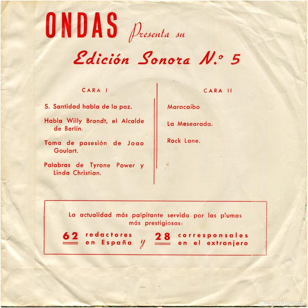 Discos de vinil: VVAA - Edicion Sonora De Ondas N.&ordm; 5 - Sociedad Espa&ntilde;ola de Radiodifusi&oacute;n - EP Spain 1961 - VG+/VG+