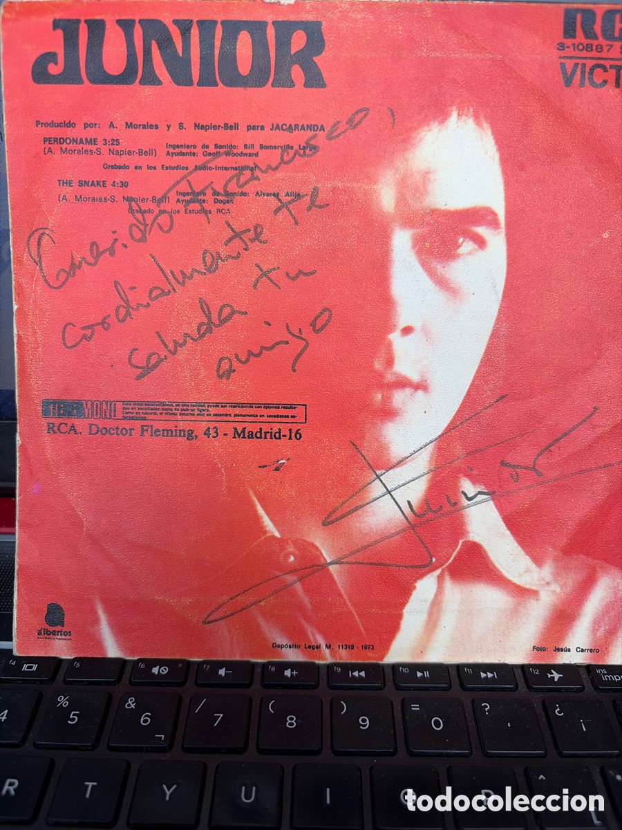 Discos de vinilo: JUNIOR - PERDONAME PORTADA DEL SINGLE FIRMADA POR JUNIOR , NO CONTIENE EL DISCO