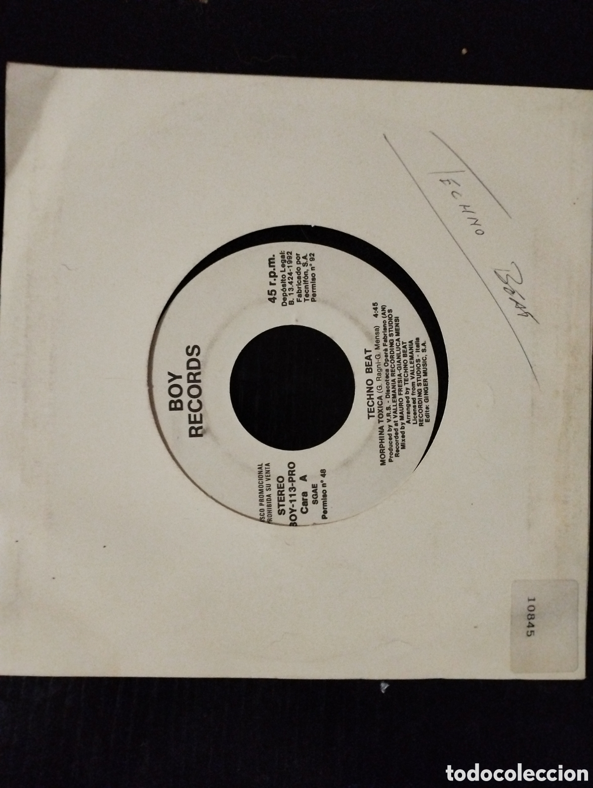 Discos de vinilo: Techno Beat &ndash; Morphina Toxica. 1992. Vinilo, 7&rdquo;, 45 RPM, Single Sided, Promo. Boy Records &ndash; BOY-