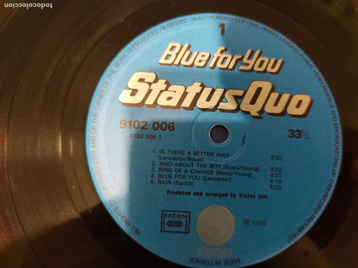 Discos de vinilo: Status Quo &lrm;&ndash; Blue For You- (1976) LP disco vinilo - Foto 2
