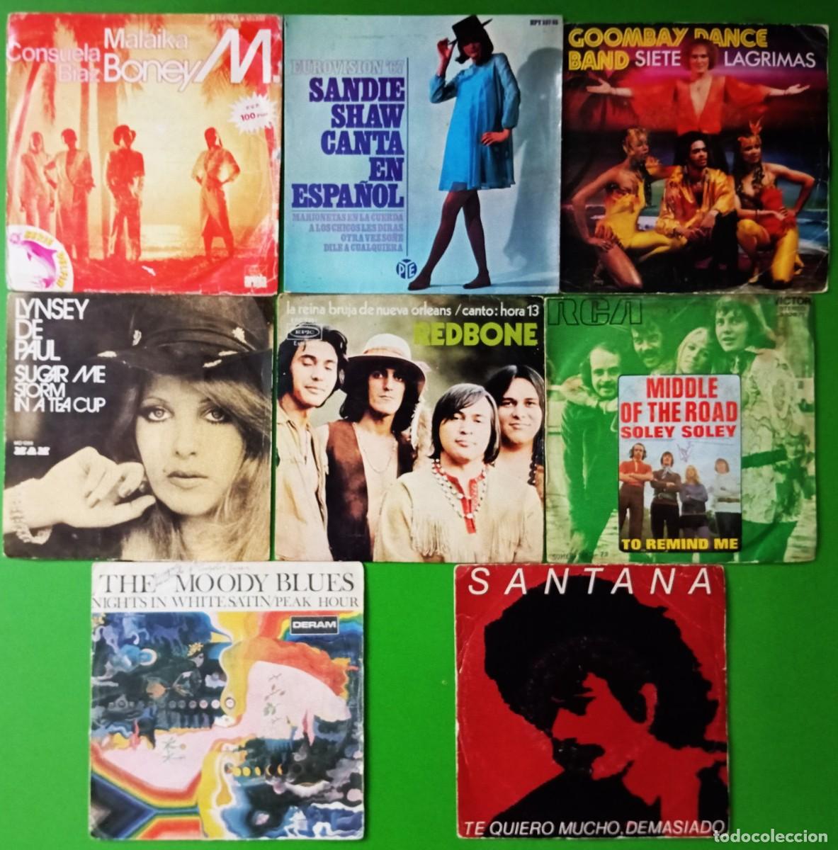 Discos de vinilo: Lote 8 singles: Boney M, Sandie Shaw, Redbone, Santana, Moody Blues, Lindsey de Paul, Goombay Dance