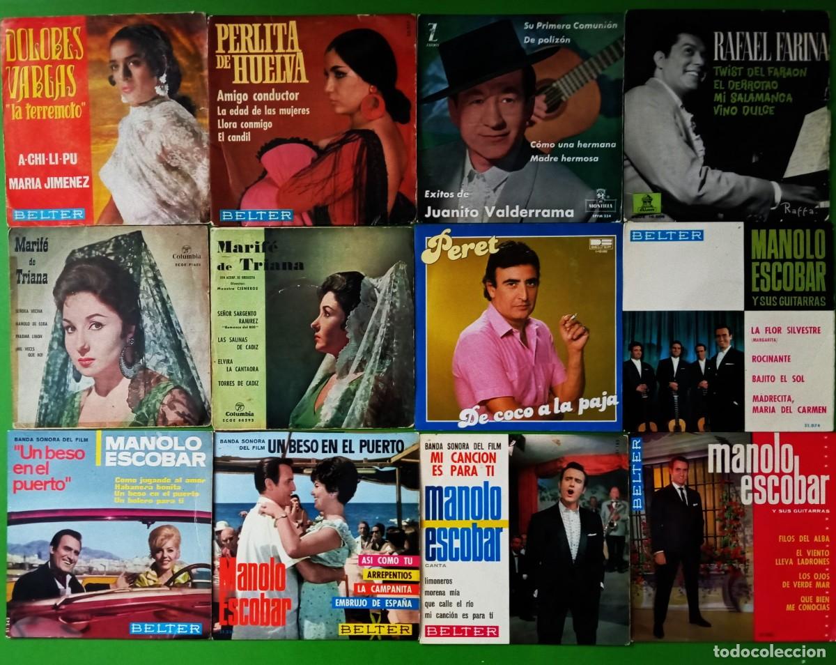 Vinyl-Schallplatten: Lote 12 EPs: Manolo Escobar, Marif&eacute; de Triana, Dolores Vargas, Peret, Juanito Valderram, R.Farina...