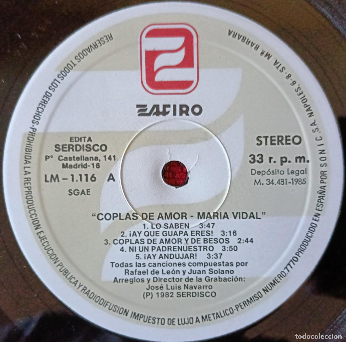 Discos de vinilo: MARIA VIDAL ** Coplas De Amor ** VINILO LP 1985 - Foto 3