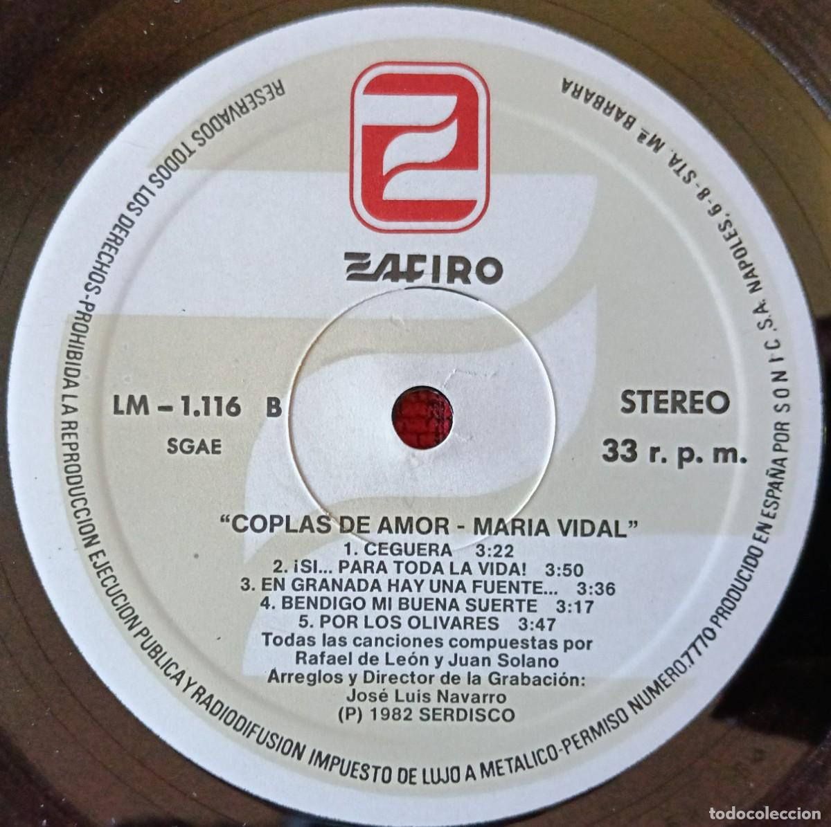Discos de vinilo: MARIA VIDAL ** Coplas De Amor ** VINILO LP 1985 - Foto 4