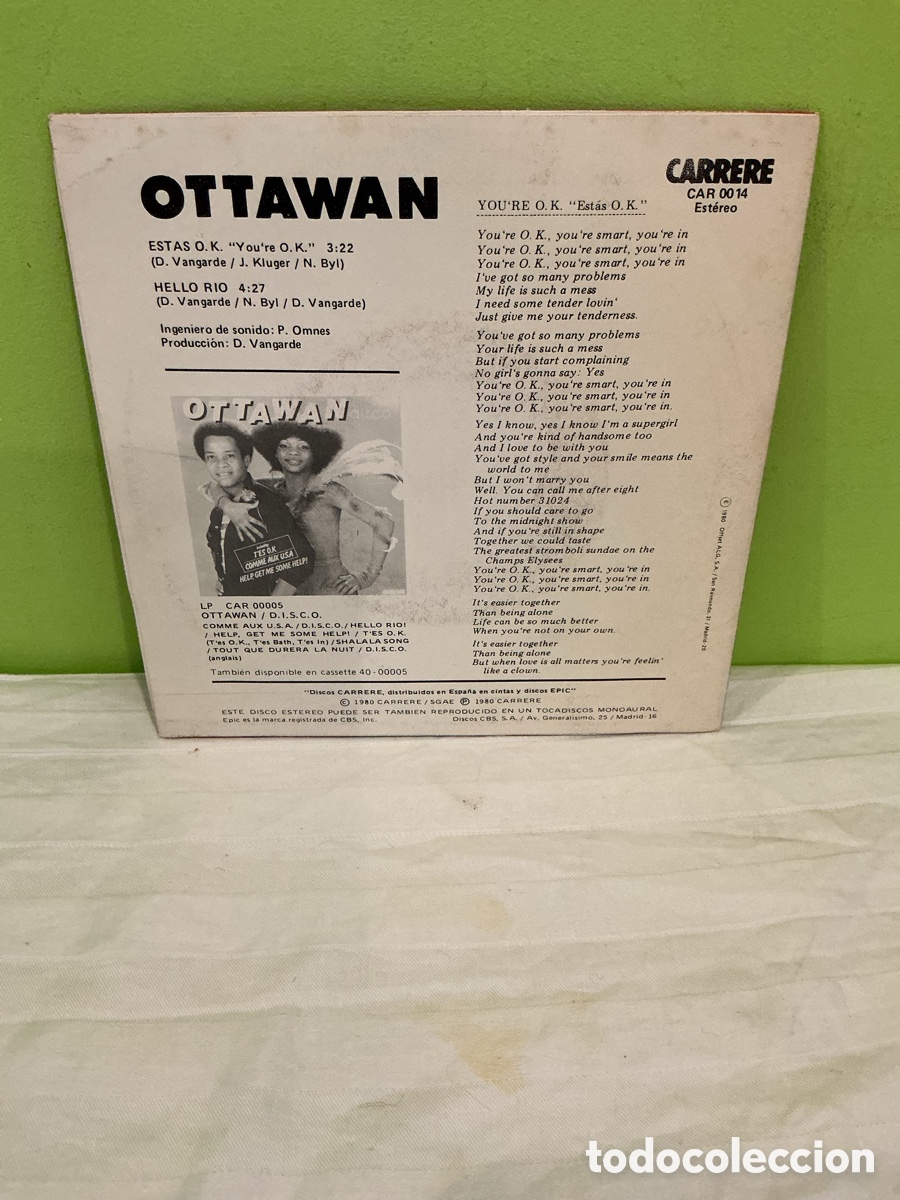 Discos de vinilo: OTTAWAN &ndash; EST&Aacute;S O.K. &ndash; SINGLE 1980 - Foto 6