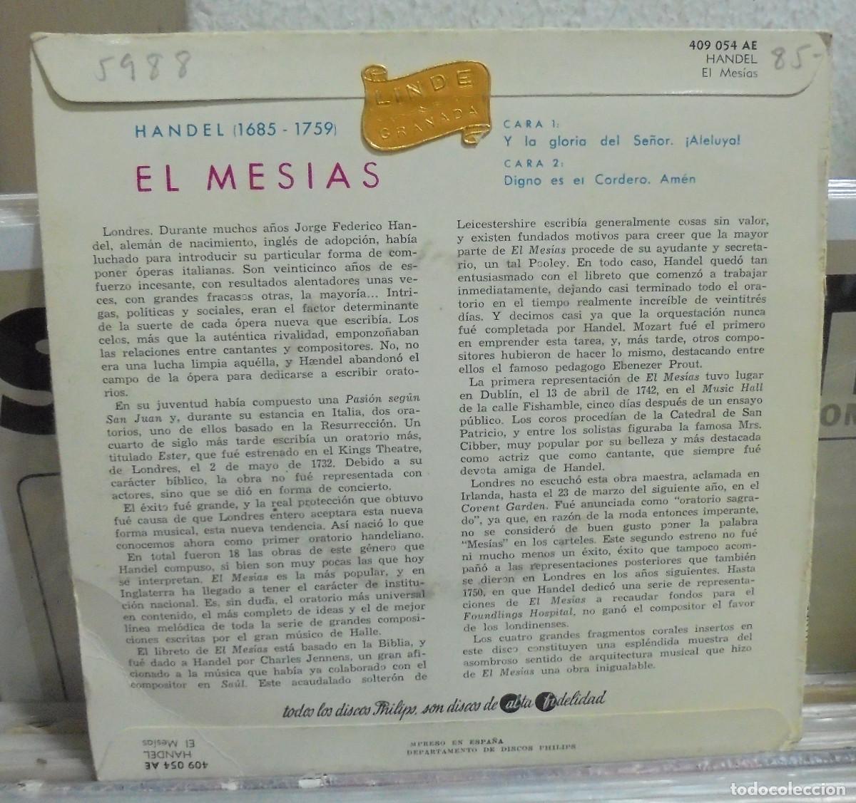 Discos de vinilo: Handel. El Mesias. Philips 1958 -- EP - Foto 2