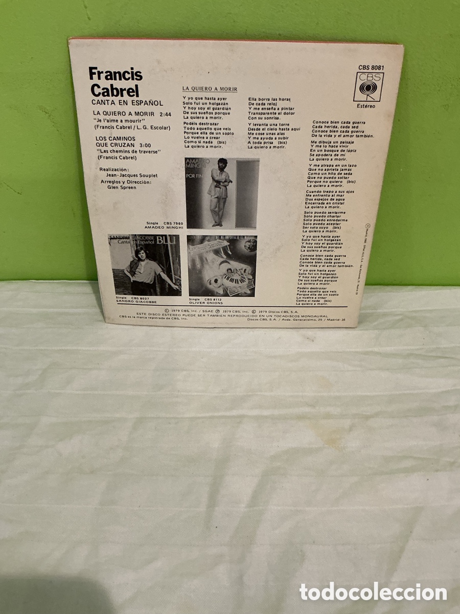 Discos de vinilo: FRANCIS CABREL &ndash; LA QUIERO A MORIR &ndash; SINGLE 1979 - Foto 6