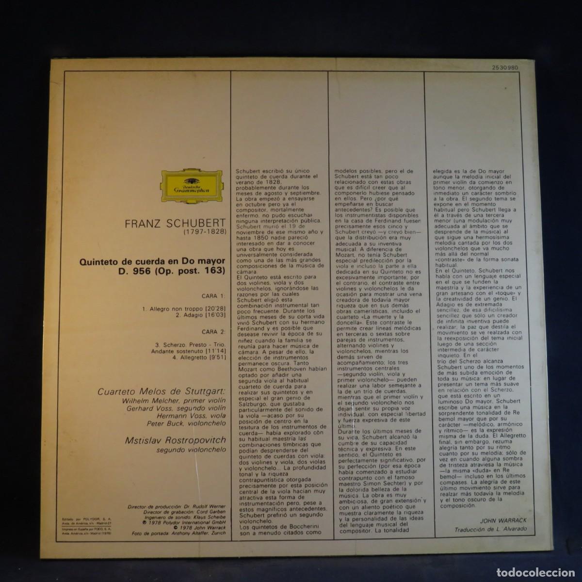 Discos de vinilo: FRANZ SCHUBERT &ndash; MELOS QUARTETT STUTTGART & ROSTROPOVICH &middot; STRING QUINTET - LP - Foto 2