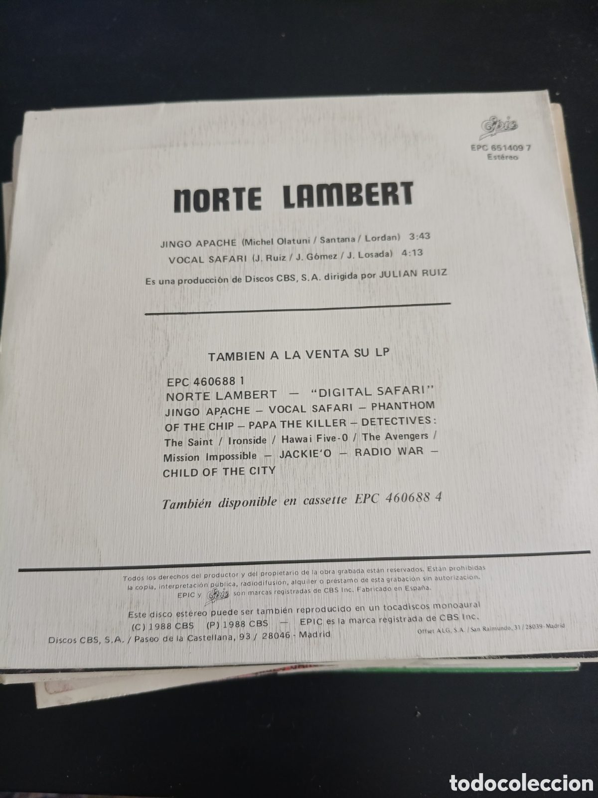 Discos de vinilo: Norte Lambert &ndash; Jingo Apache. Vinilo 7&rdquo; single promo 1988 Espa&ntilde;a - Foto 2