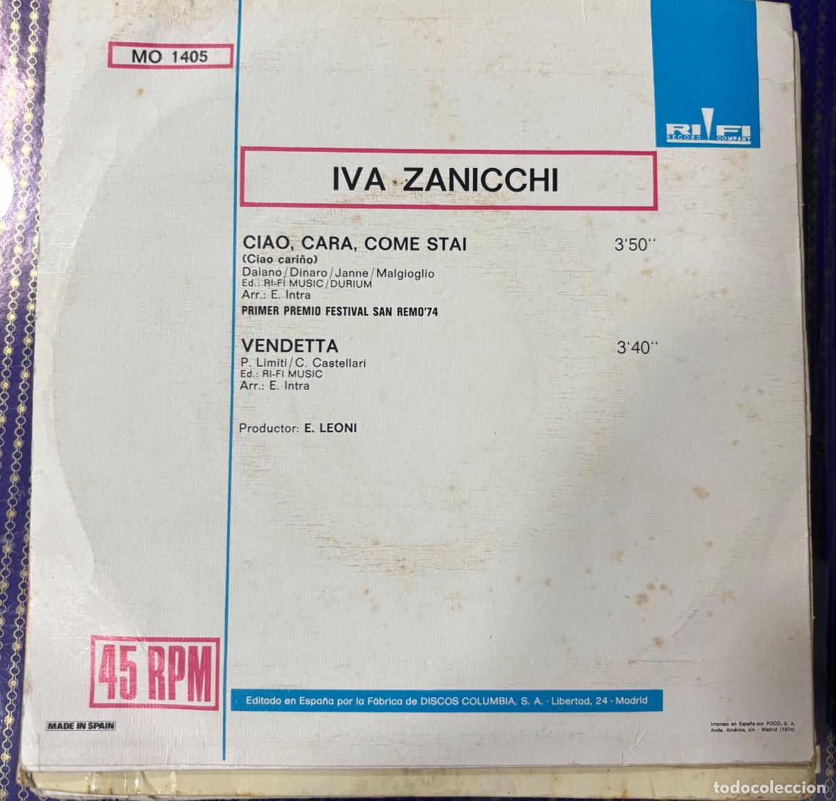 Discos de vinilo: IVA ZANICCHI:CIAO CARA,COME STA - Foto 2