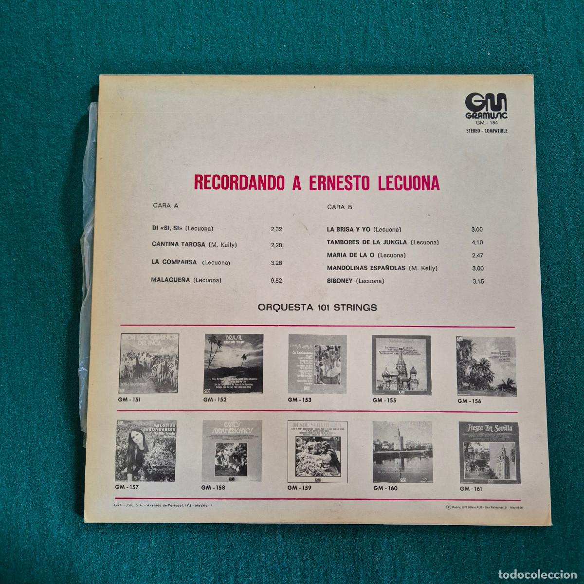Discos de vinilo: Orquesta &rdquo;101 Strings&rdquo; &ndash; Recordando a Ernesto Lecuona - Foto 2