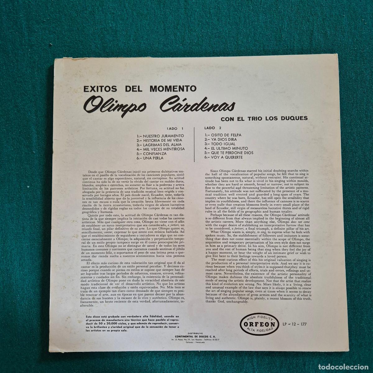 Discos de vinilo: Olimpo Cardenas &ndash; Exitos Del Momento - Foto 2