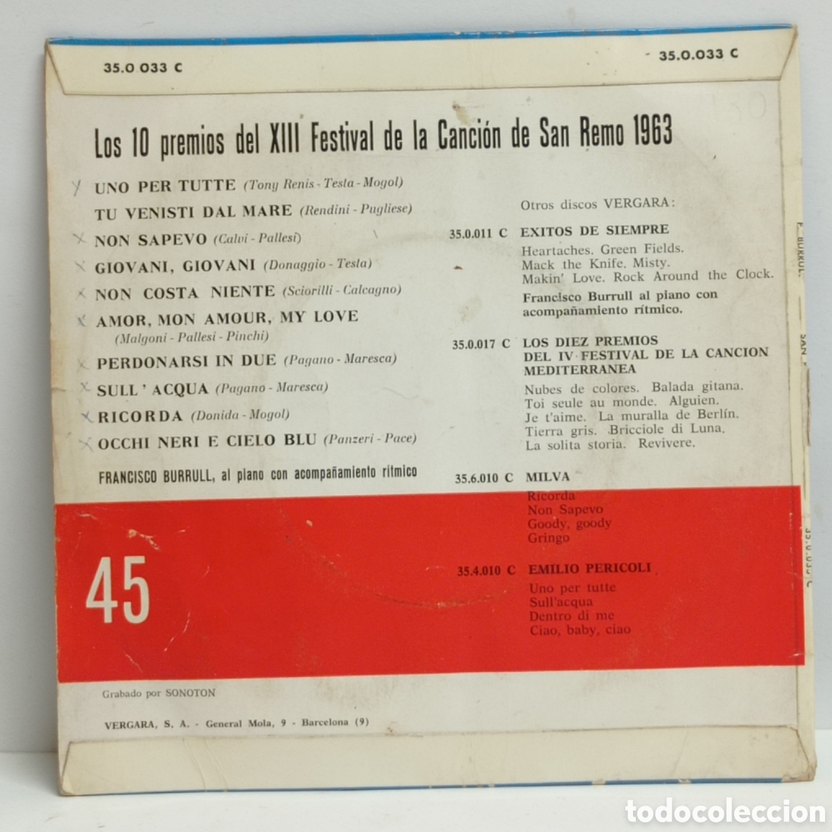 Discos de vinilo: FRANCISCO BURRULL, EXITOS SAN REMO 63 (VERGARA 1963) - Foto 2