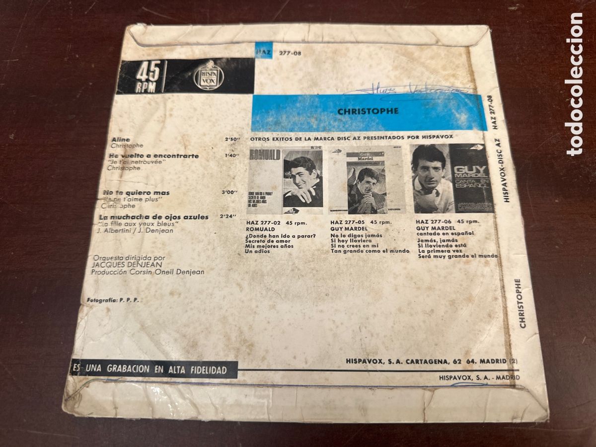 Discos de vinilo: CHRISTOPHE. ALINE + 3. EP. DISC&acute;AZ, 1965. - Foto 2