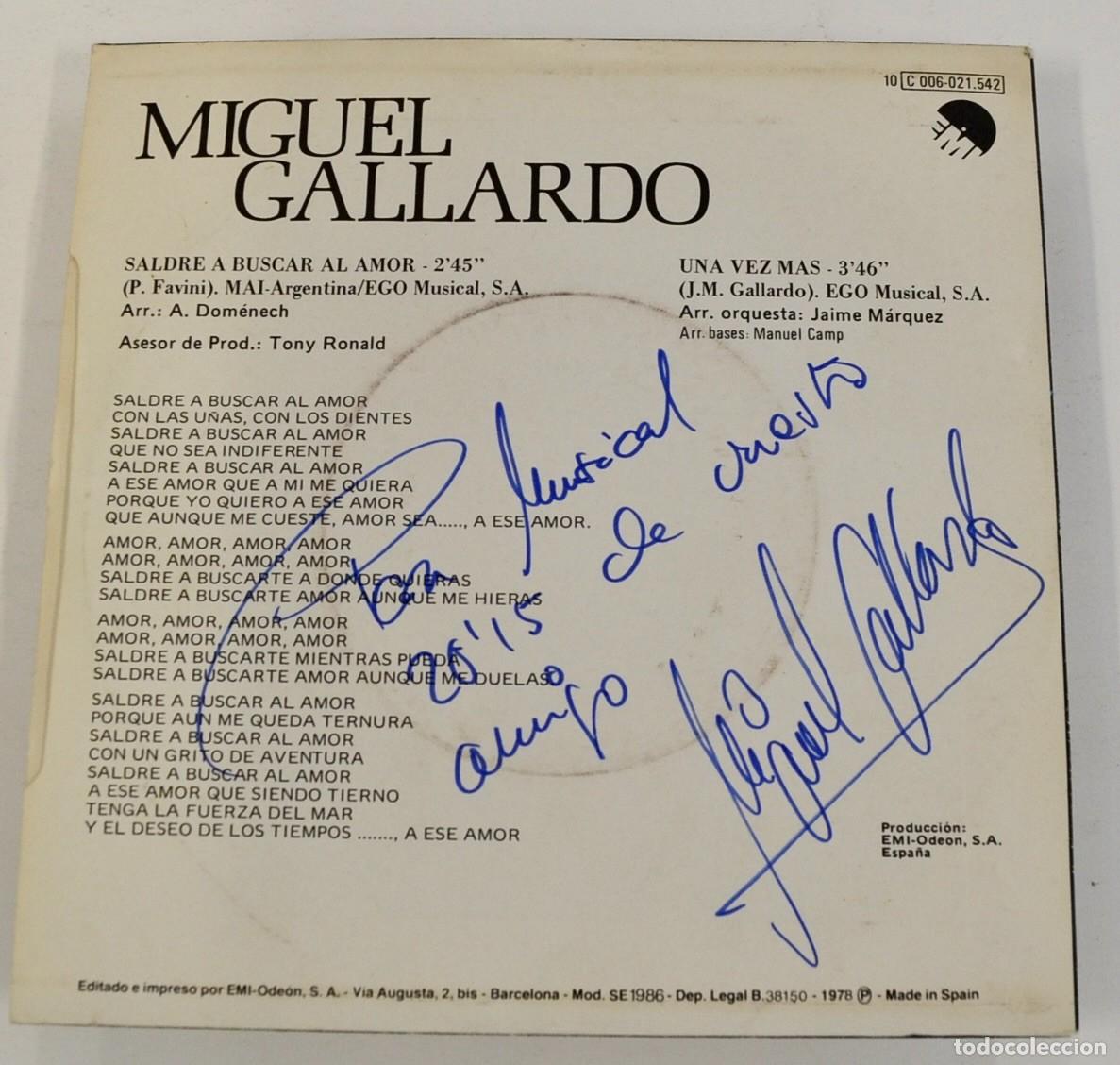 Discos de vinilo: Miguel Gallardo. Saldr&eacute; a buscar el amor / Una vez m&aacute;s. Single. 45 rpm. EMI-Ode&oacute;n. Dedicatoria. 1978