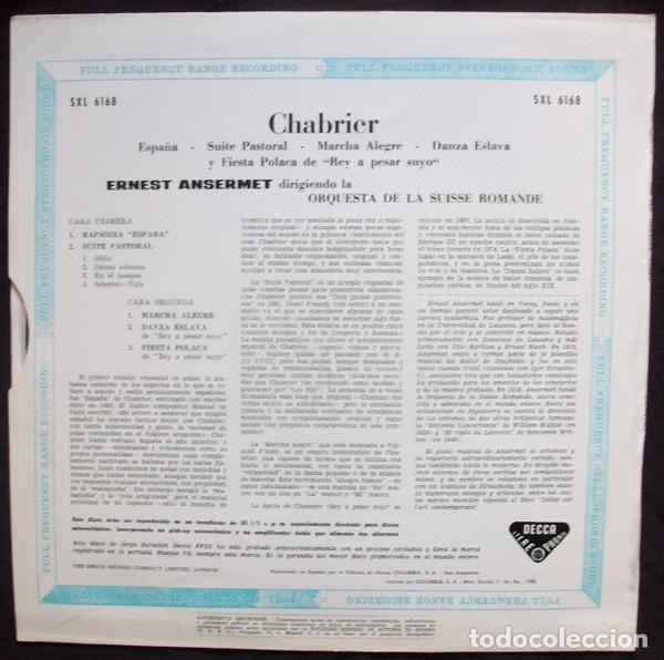 Discos de vinilo: ERNEST ANSERMET Y OTROS - ANSERMET DIRIGE CHABRIER - LP - Foto 2