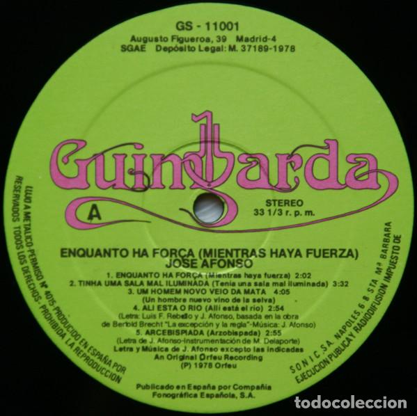 Discos de vinilo: JOS&Eacute; AFONSO - ENQUANTO H&Aacute; FOR&Ccedil;A - LP - Foto 3