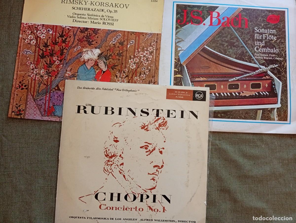 Vinyl records: Lote 3 LPs m&uacute;sica cl&aacute;sica Rubinstein, Rimski-Korsakov, Bach