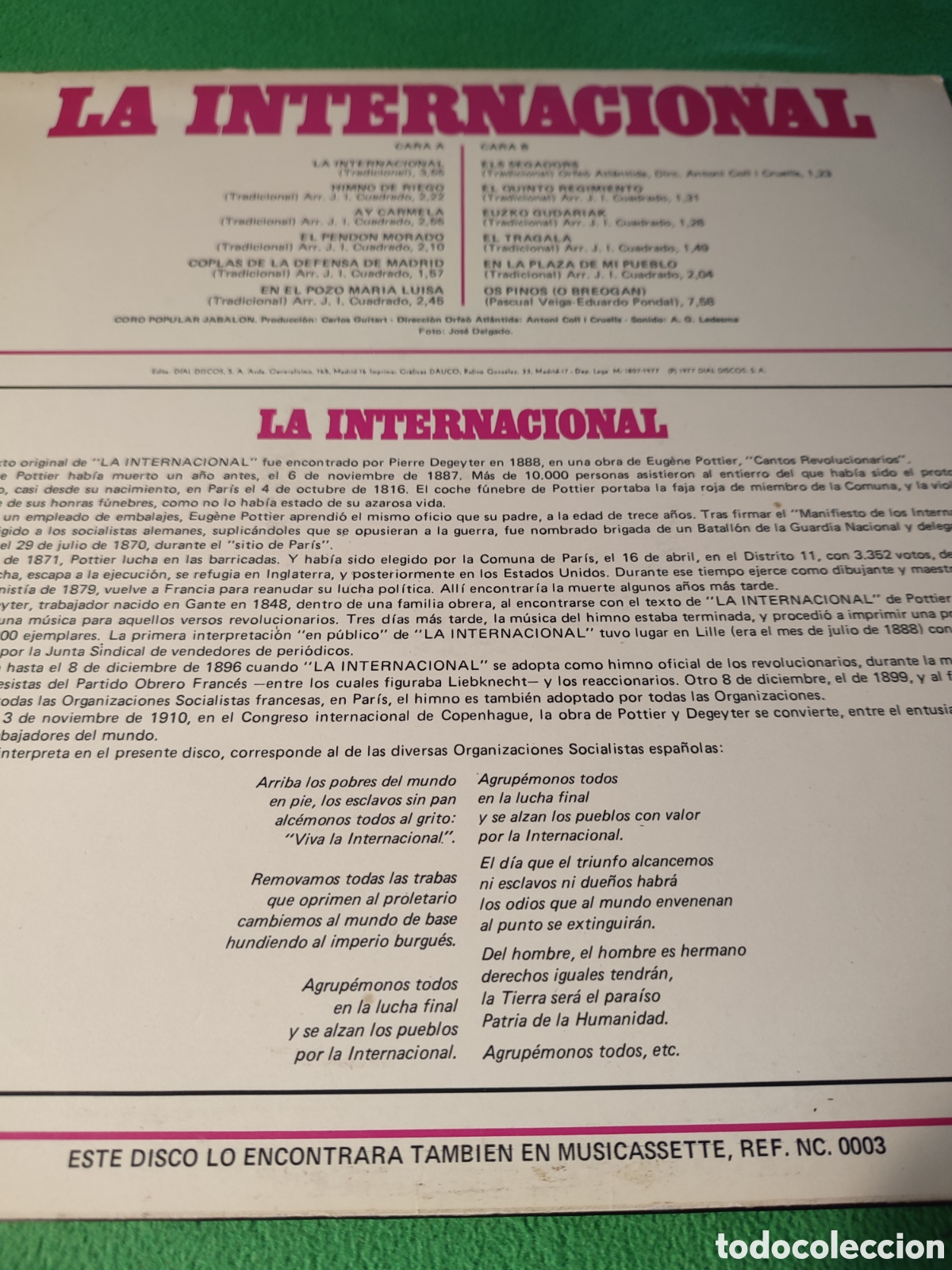 Discos de vinilo: Coro Popular Jabal&oacute;n - La Internacional - Foto 2