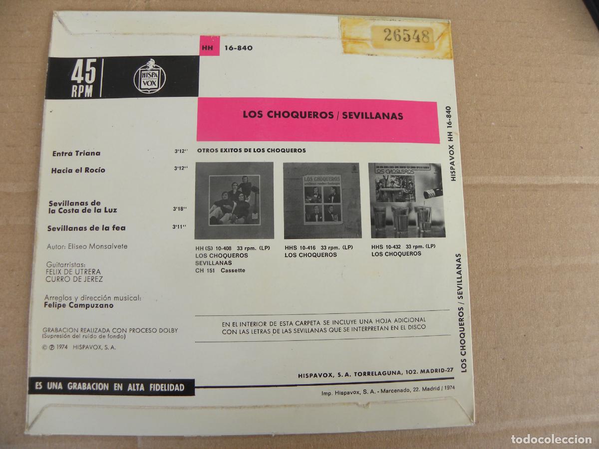 Discos de vinilo: LOS CHOQUEROS -SEVILLANAS -EP 1974 - Foto 2