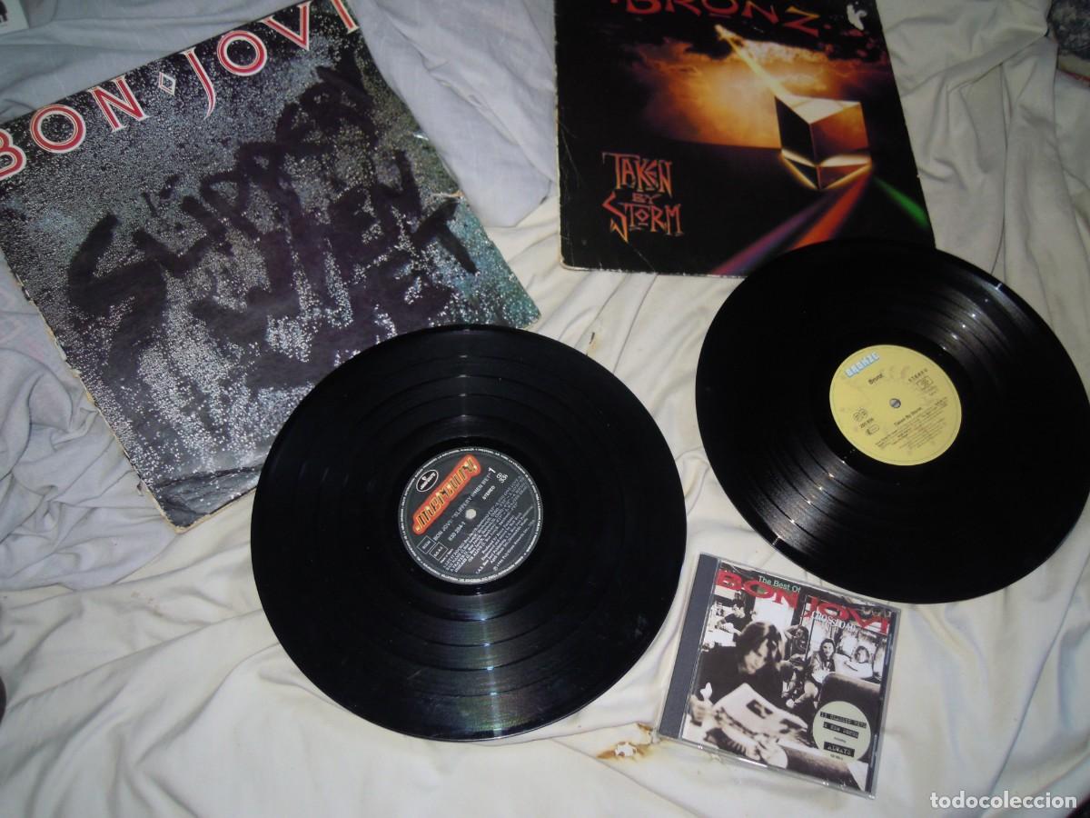 Discos de vinilo: LOTE BON JOVI CD CROSSROAD, LP SLIPPERY WHEN WET + BRONZ TAKEN BY STORM, HARD ROCK, OFERTA