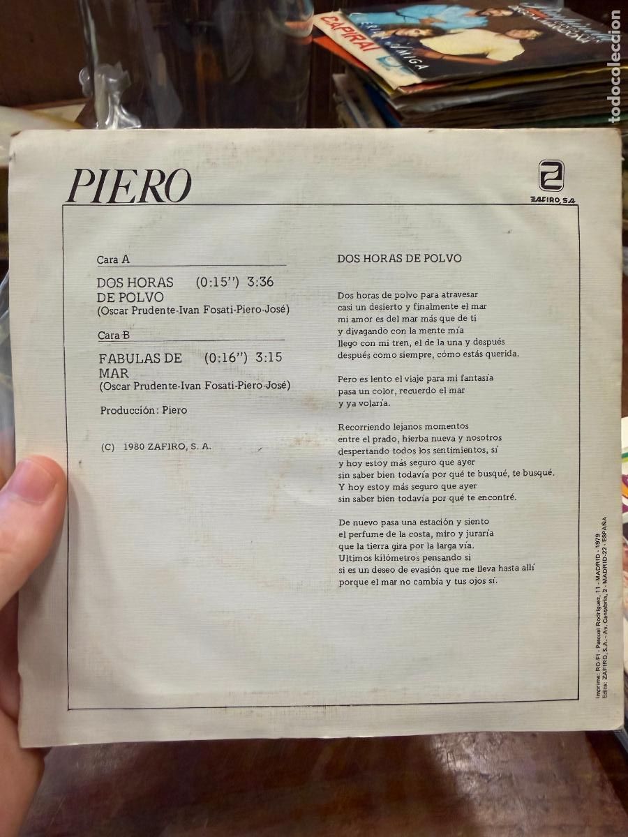 Discos de vinilo: SINGLES PIERO - DOS HORAS DE POLVO - Foto 2