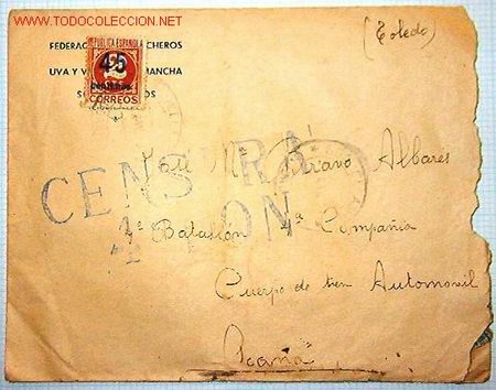 Documents Anciens: Sobre con sello en tinta de censura 4&ordm; Bon., Socu&eacute;llamos (Ciudad Real), 1 mayo 1938. Rep&uacute;blica