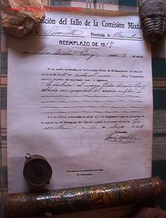 Alte Dokumente: Bote de licencia con documento, Expedici&oacute;n del Servicio en Filas, Gironella, 1918