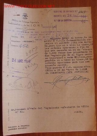 Documentos antigos: Documento tama&ntilde;o cuartilla, Milicia Falange Tradicionalista y de las JONS