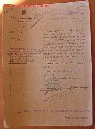 Documentos antiguos: Documento tama&ntilde;o cuartilla, 14 Regimiento Infanter&iacute;a, Flechas azules, Mando, 1941