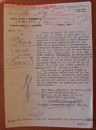 Documentos antiguos: Documento tama&ntilde;o cuartilla, Falange Espa&ntilde;ola Tradicionalista y de las JONS