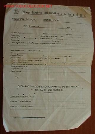 Old Documents: Solicitud de ingreso, Falange Espa&ntilde;ola Tradicionalista y de las JONS, en blanco