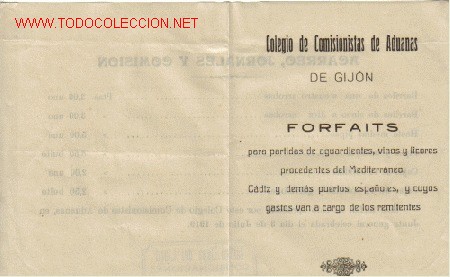 Documentos antiguos: FORFAITS(TARIFAS DE COMISIONES) -COLEGIO DE COMISIONISTAS DE ADUANAS DE GIJON - Foto 1