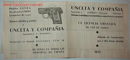 Documentos antiguos: Tr&iacute;ptico en papel muy fino de Unceta y Compa&ntilde;&iacute;a sobre la licencia gratuita de uso de armas...