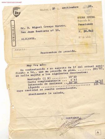 Documentos antiguos: Descuento de Pensiones documento original - Foto 1