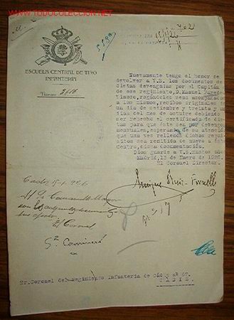 Documentos antiguos: Documento de la Escuela Central de Tiro, Infanter&iacute;a, a&ntilde;o1926