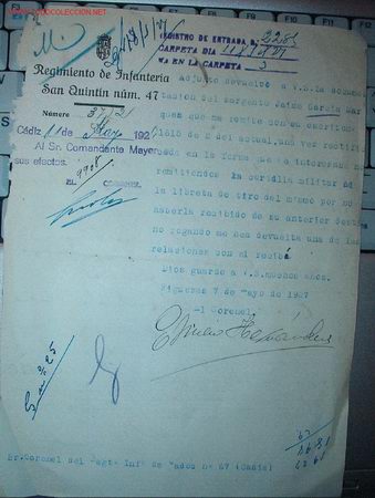 Documentos antiguos: Documento del Regimiento de Infanter&iacute;a San Quint&iacute;n n&ordm;47, a&ntilde;o 1923