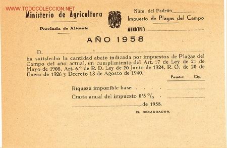 Documentos antiguos: Recibos de pagar el Impuestos de plagas del campo - Foto 1