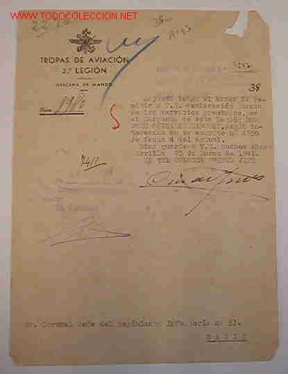 Documentos antiguos: Documento, tama&ntilde;o cuartilla, 'Tropas de Aviaci&oacute;n, 2&ordf; Legi&oacute;n, Oficina de Mando