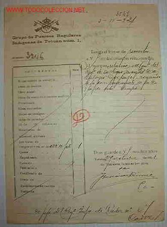 Old Documents: Documento tama&ntilde;o cuartilla, Grupo de Fuerzas Ind&iacute;genas de Tetu&aacute;n n&ordm;1, 1921