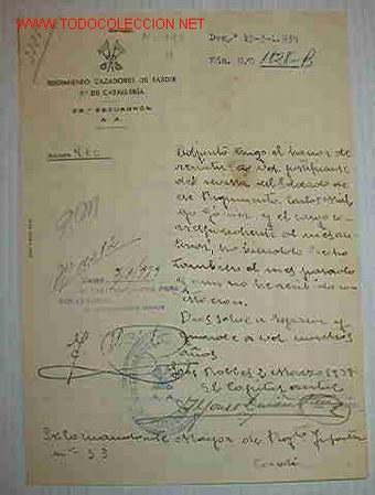 Documentos antiguos: Documento tama&ntilde;o cuartilla, Regimiento de Cazadores de Taxdir, 7&ordm; de caballer&iacute;a, 36&ordm; escuadr&oacute;n, A.A.