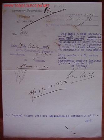 Documentos antiguos: Documento de Infanter&iacute;a, Regimieento n&ordm; 17, 1&ordf; oficina, 1932