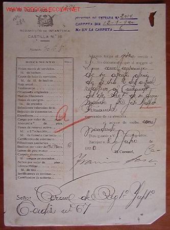 Documentos antiguos: Documento Regimiento de Infanter&iacute;a Castilla n&ordm; 16, 1920