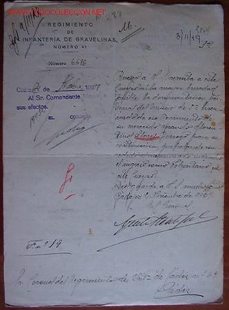Documentos antiguos: Documento regimiento de Infanter&iacute;a de Gravelinas, n&ordm; 41, 1927