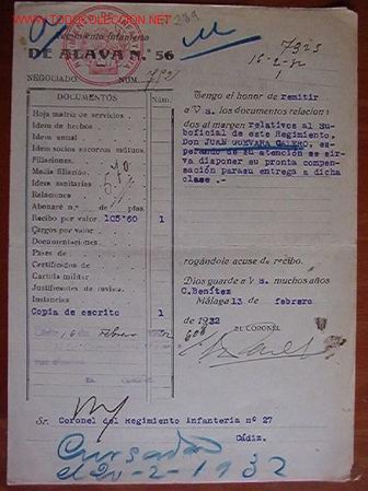 Documentos antiguos: Documento Regimiento Infanter&iacute;a de &Aacute;lava, n&ordm; 56, 1932