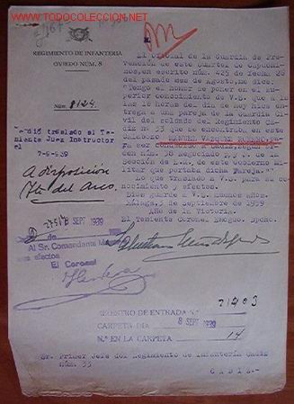 Documentos antiguos: Documento Regimiento de Infanter&iacute;a, Oviedo n&ordm; 8, 1939