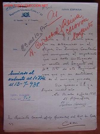 Documentos antiguos: Documento Regimiento Infanter&iacute;a C&aacute;diz, n&ordm;33, 12&ordm; Batall&oacute;n, 2&ordf; Compa&ntilde;&iacute;a, Viva Espa&ntilde;a! 1938