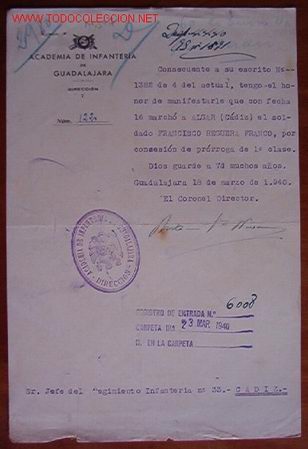 Documentos antiguos: Documento Academia de Infanter&iacute;a de Guadalajara, Direcci&oacute;n, 1940