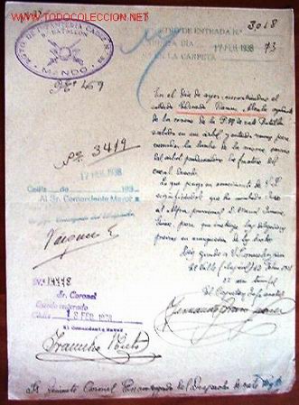Documentos antiguos: Documento Regimiento de Infanter&iacute;a C&aacute;diz, n&ordm;33 mando, 1938