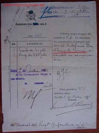 Documentos antiguos: Documento Regimiento Infanter&iacute;a n&ordm;9, 1931